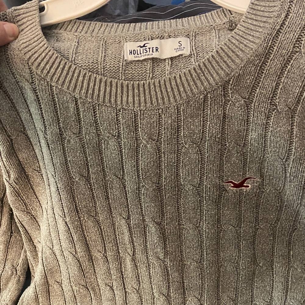 Hollister Gray Cable Knit Crewneck Sweater with Red Logo